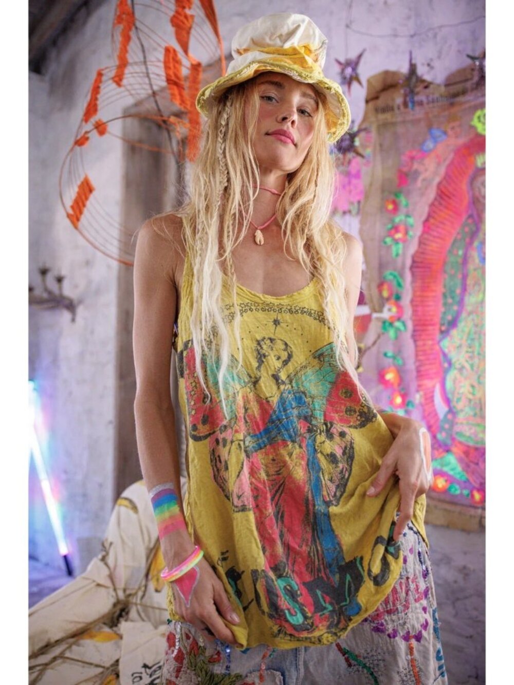 Magnolia Pearl Child Of The Cosmos Lana Tank Top Distressed Graphic OS Yellow